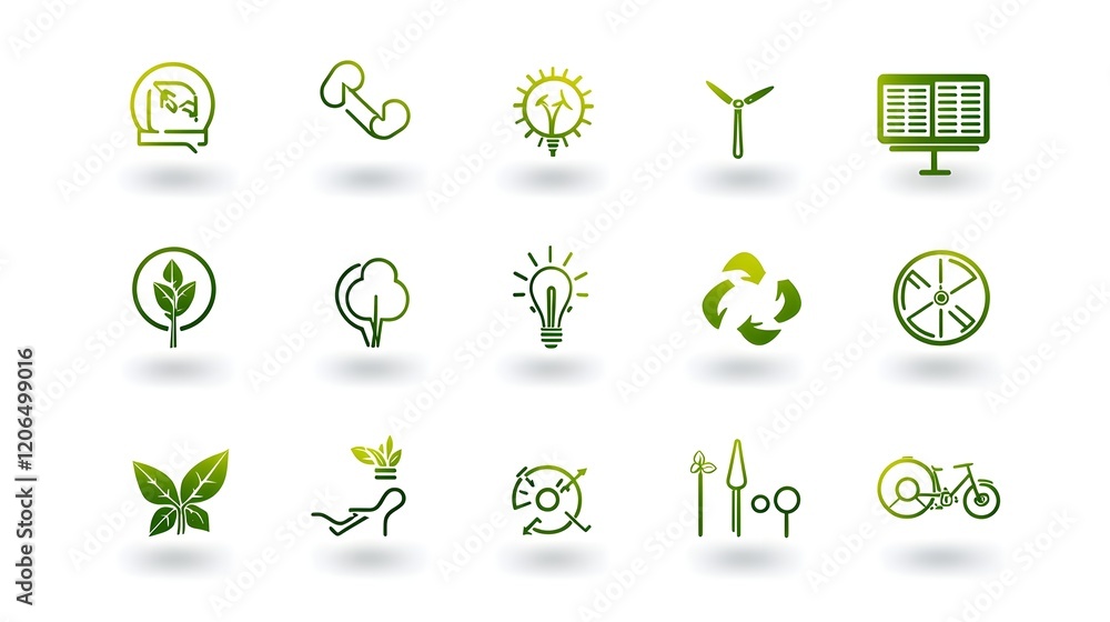 Poster comprehensive collection of linear green technology icons featuring renewable energy symbols such as