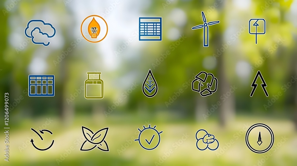 Poster comprehensive collection of linear green technology icons featuring renewable energy symbols such as