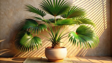 Obraz premium Fiji Fan Palm Closeup, Tropical Plant Decor, Air Purifier, Potted Plant, Beige Wall, Morning Sunlight, 3D Render