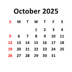 October  2025. Calendar with holydays or red dates. monthly calendar design with week starts on sunday. printable, simple, and clean vector design isolated on white background.