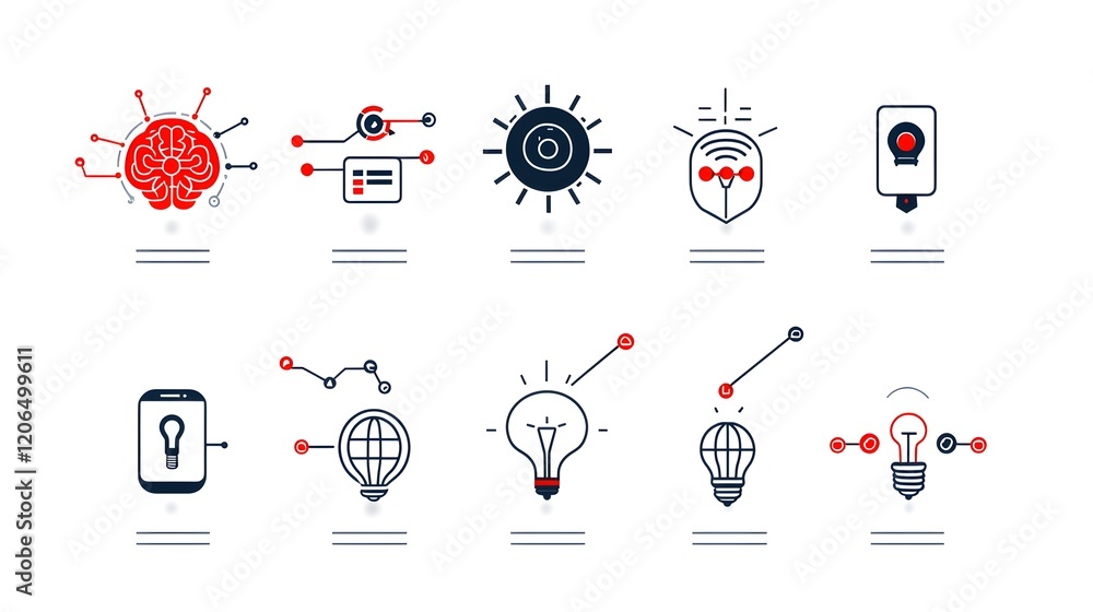 Fototapete Collection of 6 linear icons representing intelligence digital brain deep learning algorithms and data clouds on a white background  Futuristic modern and innovative technology concept