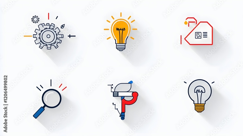 Leinwandbilder This image depicts a collection of 6 linear icons or symbols that visually represent the concept of forward thinking solutions  innovation strategy  and business intelligence  The icons feature gears