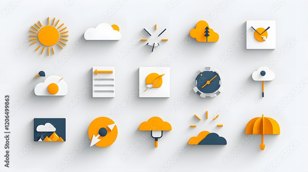 Poster A collection of 6 linear  minimalist and stylized two tone geometric weather icons representing thunderstorms  sunny skies  and winter snow conditions in a simple and abstract design