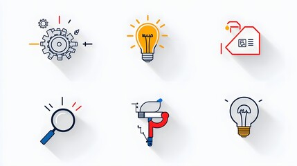 Fototapeta premium This image depicts a collection of 6 linear icons or symbols that visually represent the concept of forward thinking solutions innovation strategy and business intelligence The icons feature gears