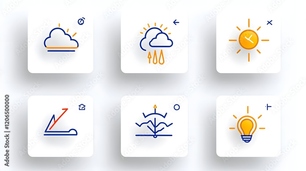 Poster Collection of 6 linear weather icons in a minimalist and stylized two tone geometric design representing thunderstorms sunny skies and winter snow conditions in a simple and abstract visual style