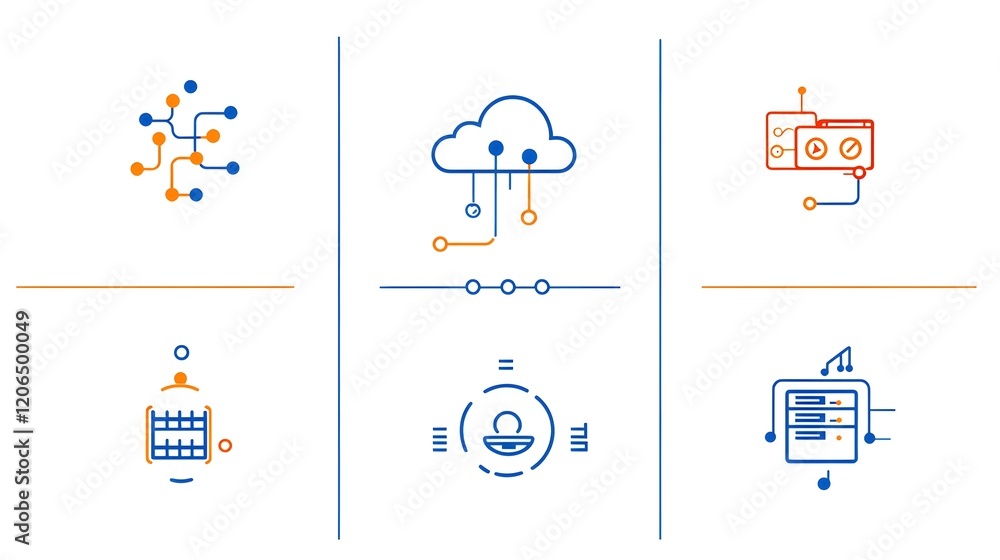 Poster Minimalist two color icon depicting a cloud symbol with interconnected networks of servers symbolizing scalable hosting and robust digital infrastructure for modern technology solutions