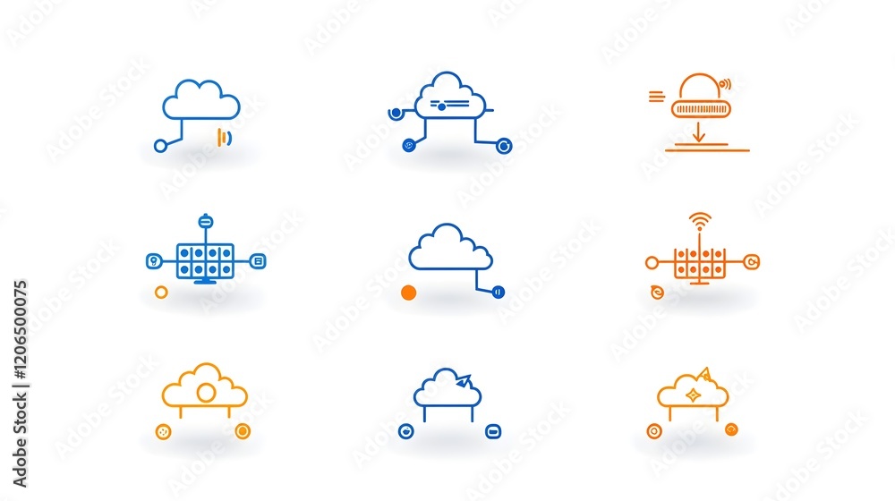 Leinwandbilder A collection of 6 linear minimalist two color icons depicting a cloud symbol with interconnected networks of servers