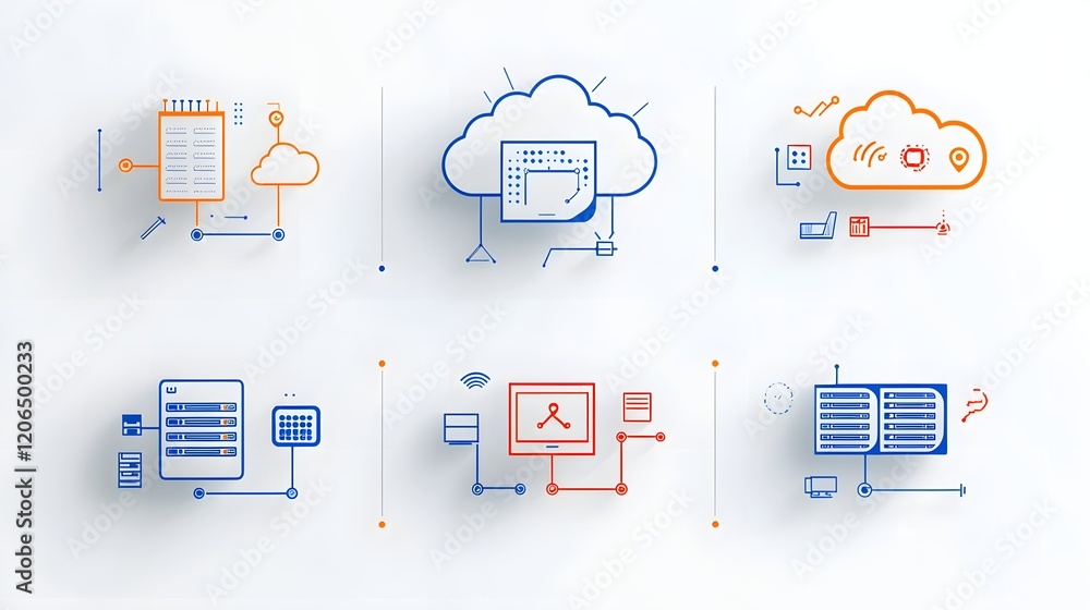 Aufkleber A collection of 6 minimalist two color icons depicting a cloud symbol interconnected with networks of servers