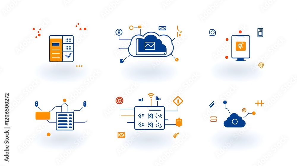 Aufkleber Minimalist two color icon collection depicting a cloud symbol with interconnected networks of servers symbolizing scalable hosting and robust digital infrastructure for modern technology solutions
