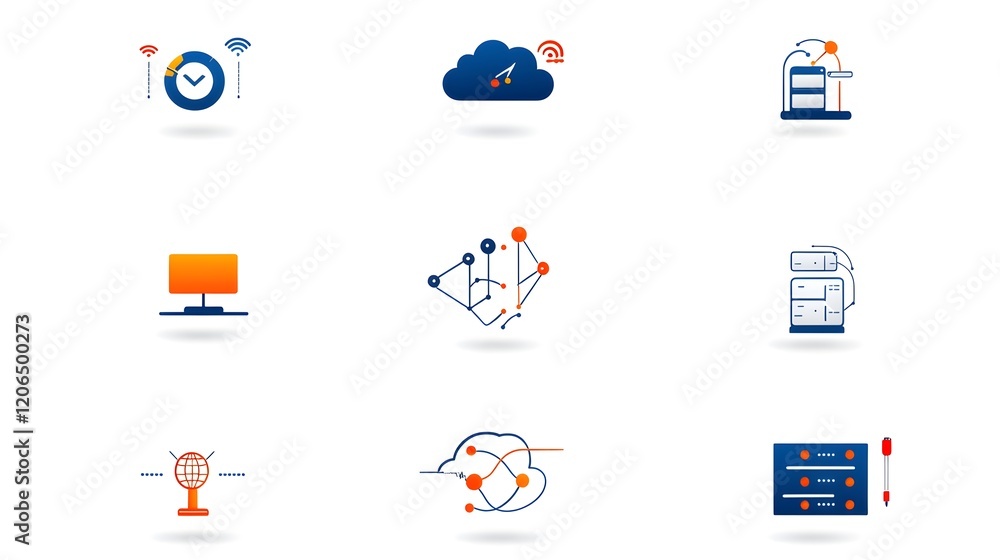Poster A minimalist two color icon depicting a cloud symbol with interconnected networks of servers
