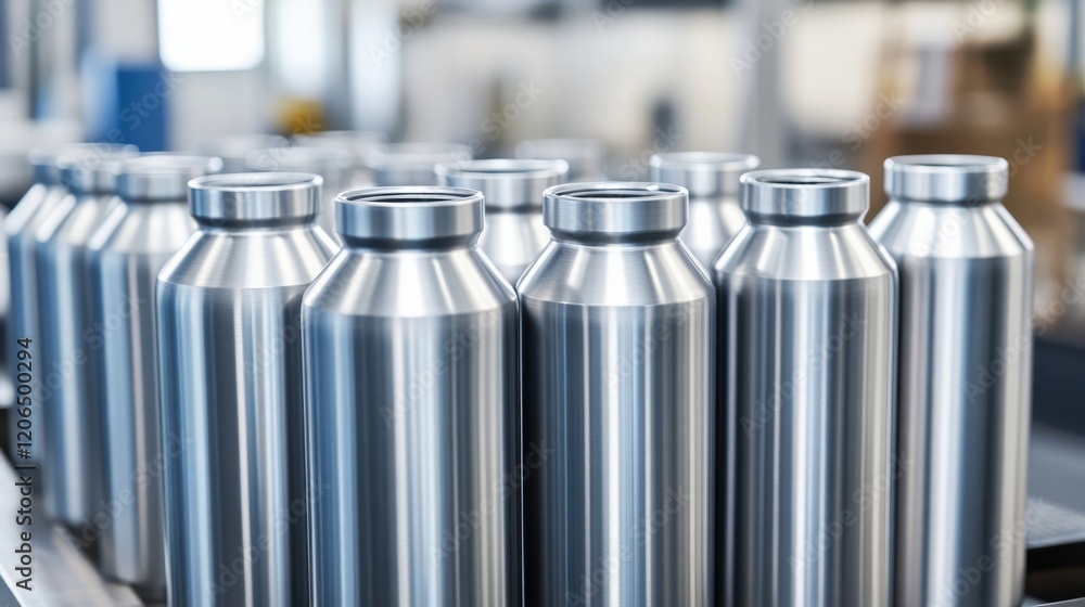 Poster assembly line of shiny aluminum bottles ready for packaging in a modern factory setting