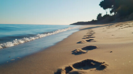 Fototapeta premium Close-up of footprints in fine sand, with gentle waves approaching, capturing the serene path toward the vast, calm sea