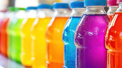 Vibrant assortment of colorful beverage bottles arranged neatly on a shelf in a bright store