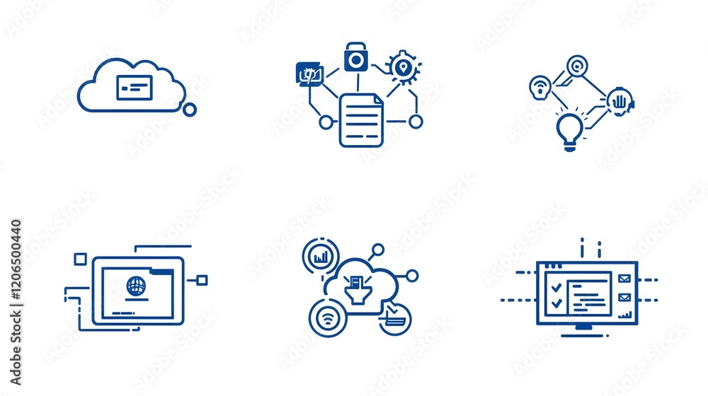 Poster Collection of 6 linear icons representing an efficient cloud computing network with synchronized data flow