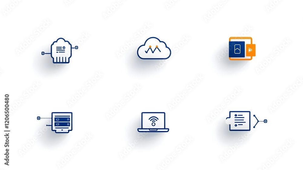 Aufkleber Collection of 6 minimalist two color icons depicting a cloud symbol with interconnected networks of servers
