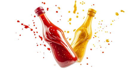 Flying ketchup and mustard bottles, isolated on transparent background 
