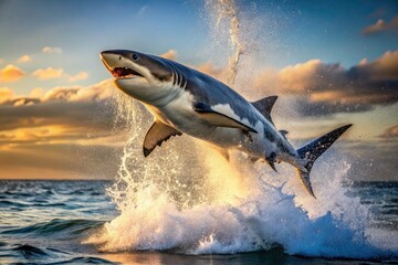 Fototapeta premium Great White Shark Ocean Jump, Wild Animal, Marine Wildlife, Sea Predator, Underwater Nature, Powerful Leap, Aquatic Beast, Saltwater Shark, Oceanic Wildlife Photography