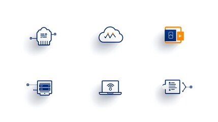 Collection of 6 minimalist two color icons depicting a cloud symbol with interconnected networks of servers