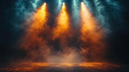 Obraz premium Empty stage with spotlights and smoke, dynamic setting for presentations and performances