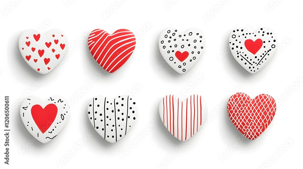 Leinwandbilder Alluring collection of various sized red heart shaped stickers featuring an assortment of unique textures  patterns  and designs  perfect for adding a touch of romance and creativity to your projects