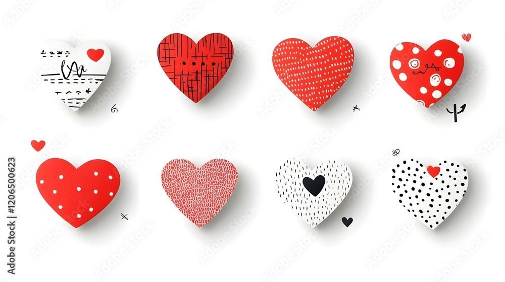 Poster diverse collection of various sized red heart shaped stickers featuring an assortment of unique text