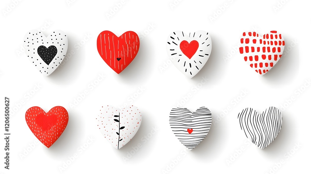 Poster Collection of various sized red heart shaped stickers featuring an assortment of unique textures patterns and designs perfect for creative projects branding and Valentine s Day decor