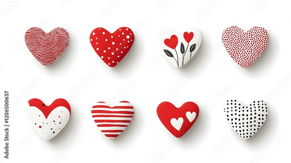 Aufkleber This image showcases an assortment of heart shaped stickers in various sizes  featuring a diverse range of unique textures  patterns  and designs