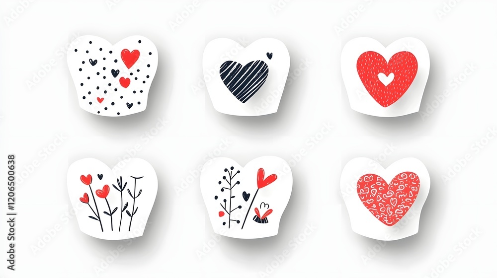 Aufkleber This image showcases a collection of uniquely designed heart shaped stickers featuring an assortment of distinct textures  patterns  and styles