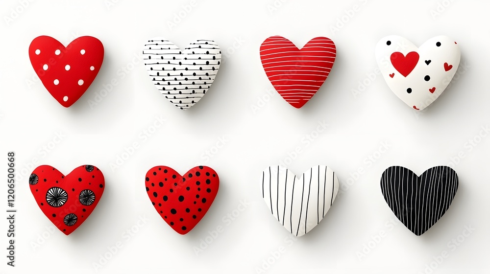 Poster diverse collection of various sized red heart shaped stickers featuring an assortment of unique text