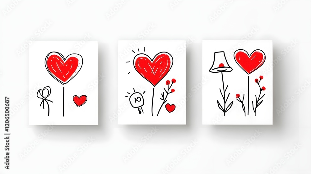 Poster Elegant collection of 6 red heart shaped stickers with a range of modern minimalist designs  from simple to detailed  arranged on a clean white background for a premium look