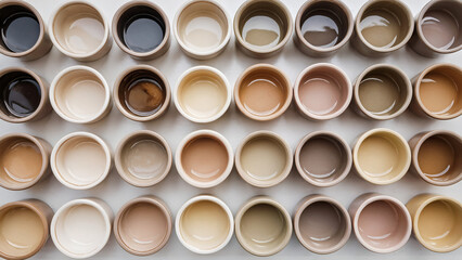 Array of paint pots (Soft Creams and Beiges): An array of ceramic bowls or pots, each in soft cream and beige tones, arranged in a grid pattern