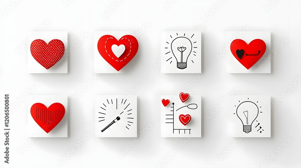 Poster premium collection of modern minimalist red heart shaped stickers with a range of simple to detailed