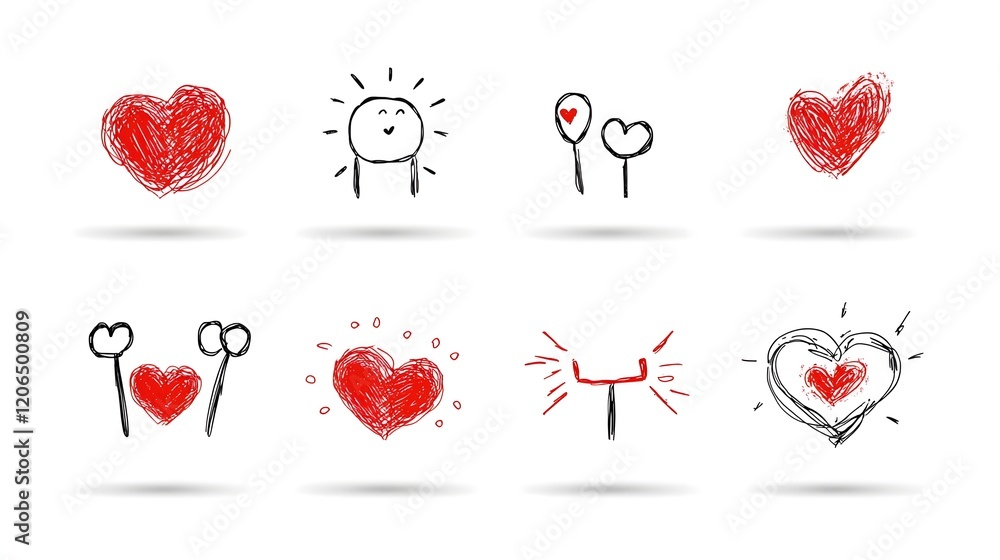 Poster elegant collection of 6 modern minimalist red heart shaped icons in a range of simple to detailed de