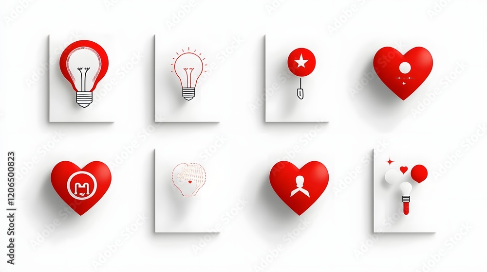 Poster elegant and premium collection of 6 red heart shaped sticker icons with a range of modern minimalist