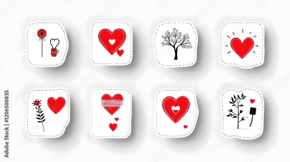 Aufkleber premium collection of 6 modern minimalist red heart shaped stickers with a range of simple to detail