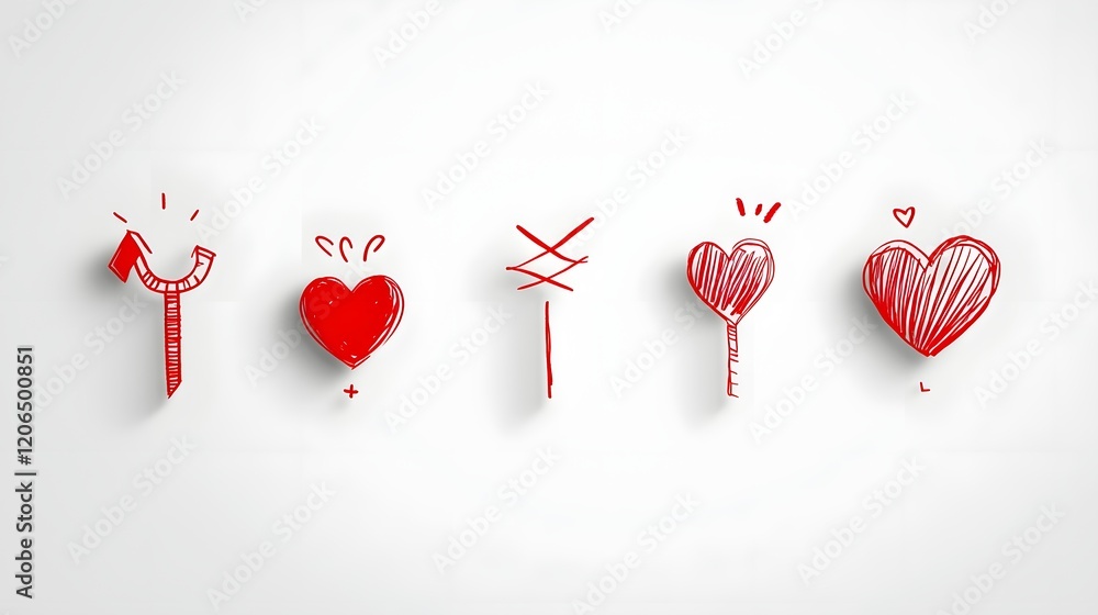 Poster a collection of 6 red heart shaped stickers with a range of modern minimalist designs from simple to
