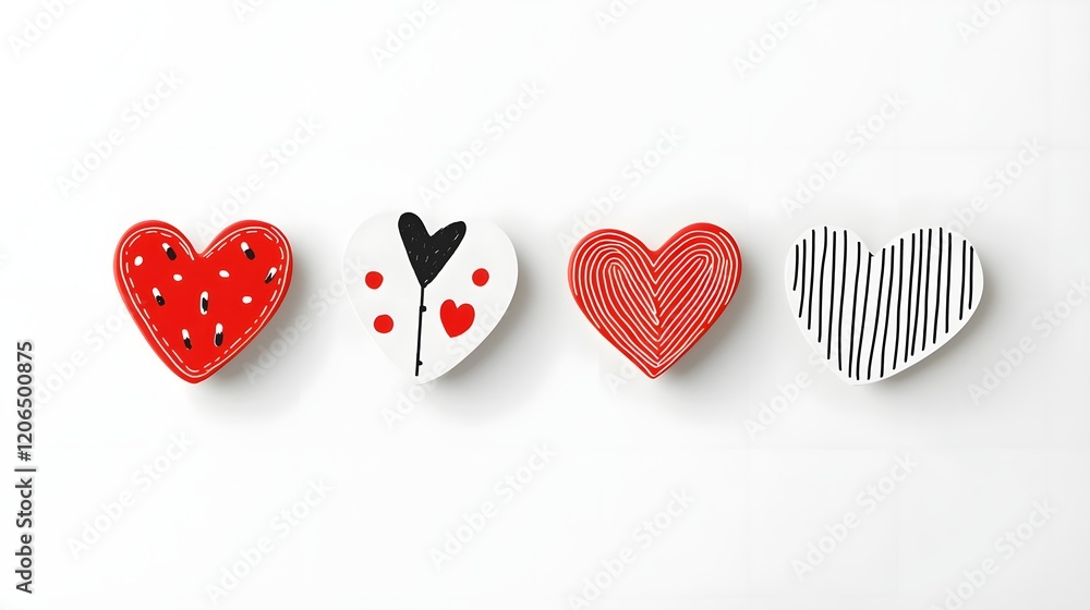 Poster collection of 6 red heart shaped stickers with a range of modern minimalist designs from simple to d