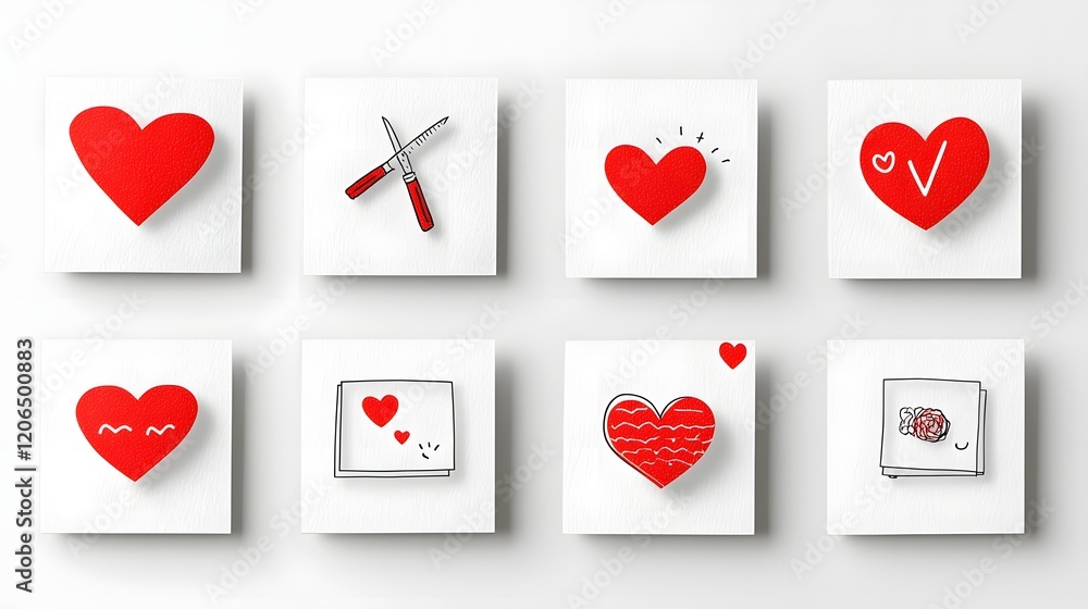 Poster elegant and modern collection of red heart shaped minimalist stickers with a range of simple to deta