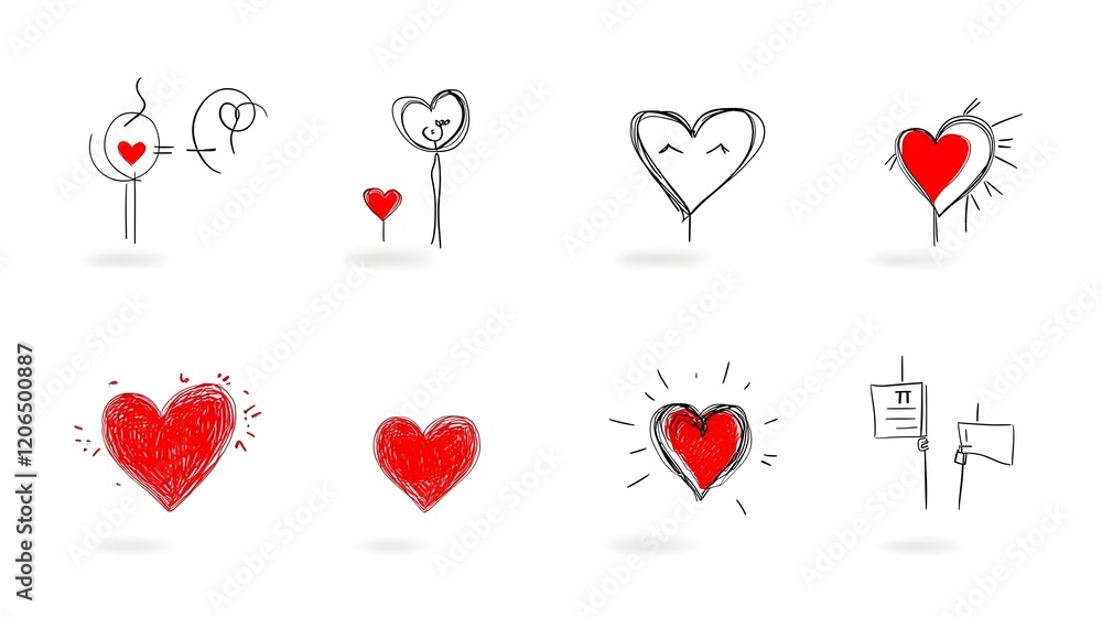 Poster elegant collection of minimalist heart shaped sticker icons in various designs arranged on clean whi