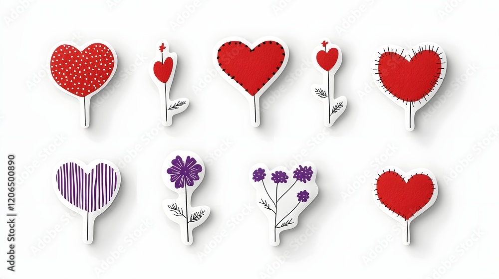 Poster premium collection of 6 modern minimalist heart shaped stickers and icons with a range of simple to 