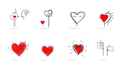 Elegant Collection of Minimalist Heart Shaped Sticker Icons in Various Designs Arranged on Clean White Background for Premium Branding and