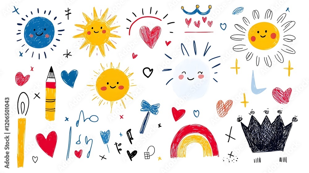 Poster collection of vibrant and playful crayon doodle icons featuring a mix of abstract shapes like suns h