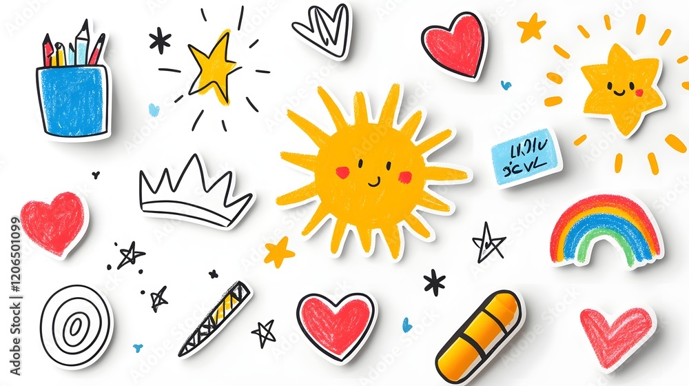 Poster this image showcases a collection of vibrant and playful crayon doodle icons featuring a mix of abst