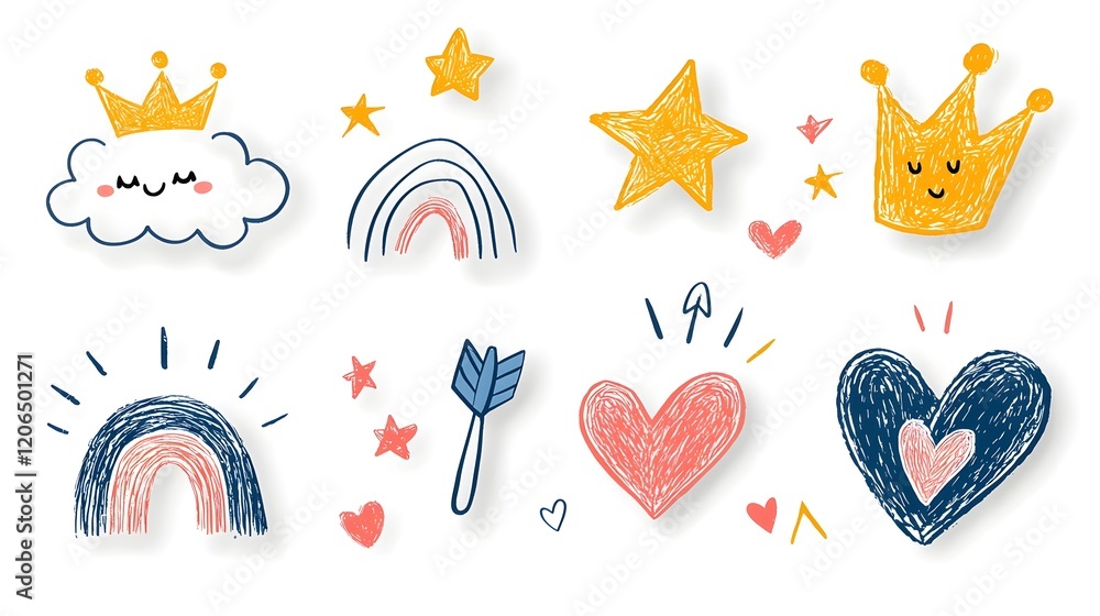 Poster Collection of 6 linear abstract crayon style doodles featuring vibrant and playful icons including clouds rainbows hearts crowns stars and arrows  Ideal for creating a fun