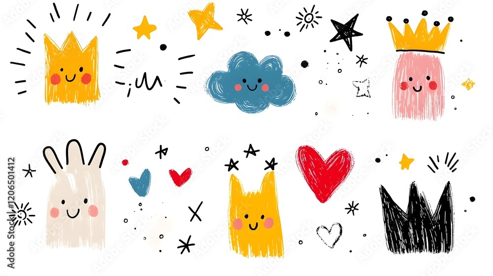 Poster vibrant and whimsical abstract crayon style doodle collection with playful icons including suns clou