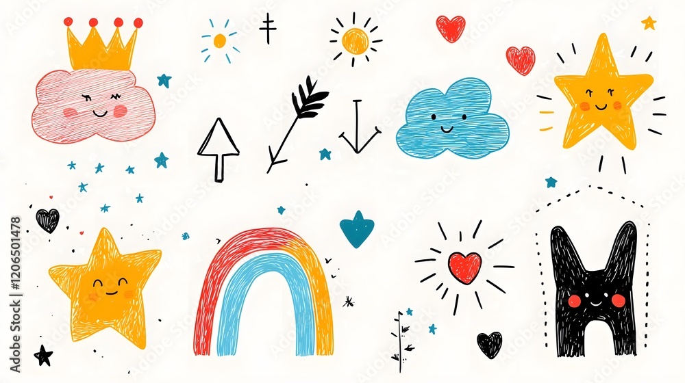Poster collection of vibrant and whimsical abstract crayon style doodles featuring playful clouds rainbows 