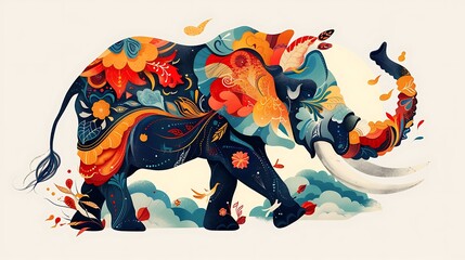 Obraz premium Ornate Elephant Walking on Clouds, Autumnal Floral Design, Nature Illustration
