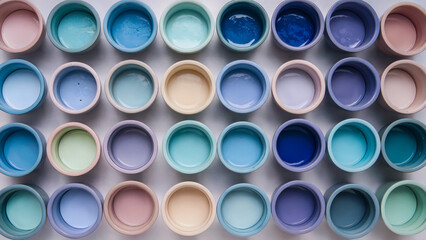 Array of paint pots (Pastel Blues): An array of ceramic bowls or pots, each in pastel shades of blue, from soft sky blue to powder blue and pale turquoise