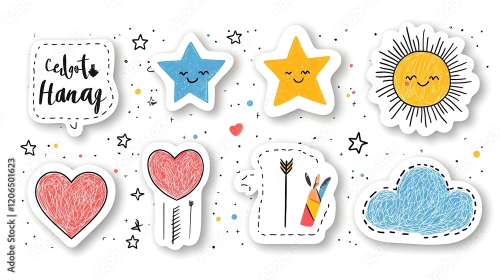 Poster collection of 6 vibrant and playful linear icons featuring a cheerful sticker pack with crayon drawn
