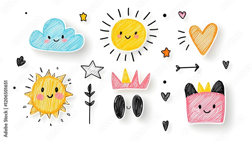 Poster colorful and cheerful collection of crayon drawn icons and symbols in a playful vibrant style includ